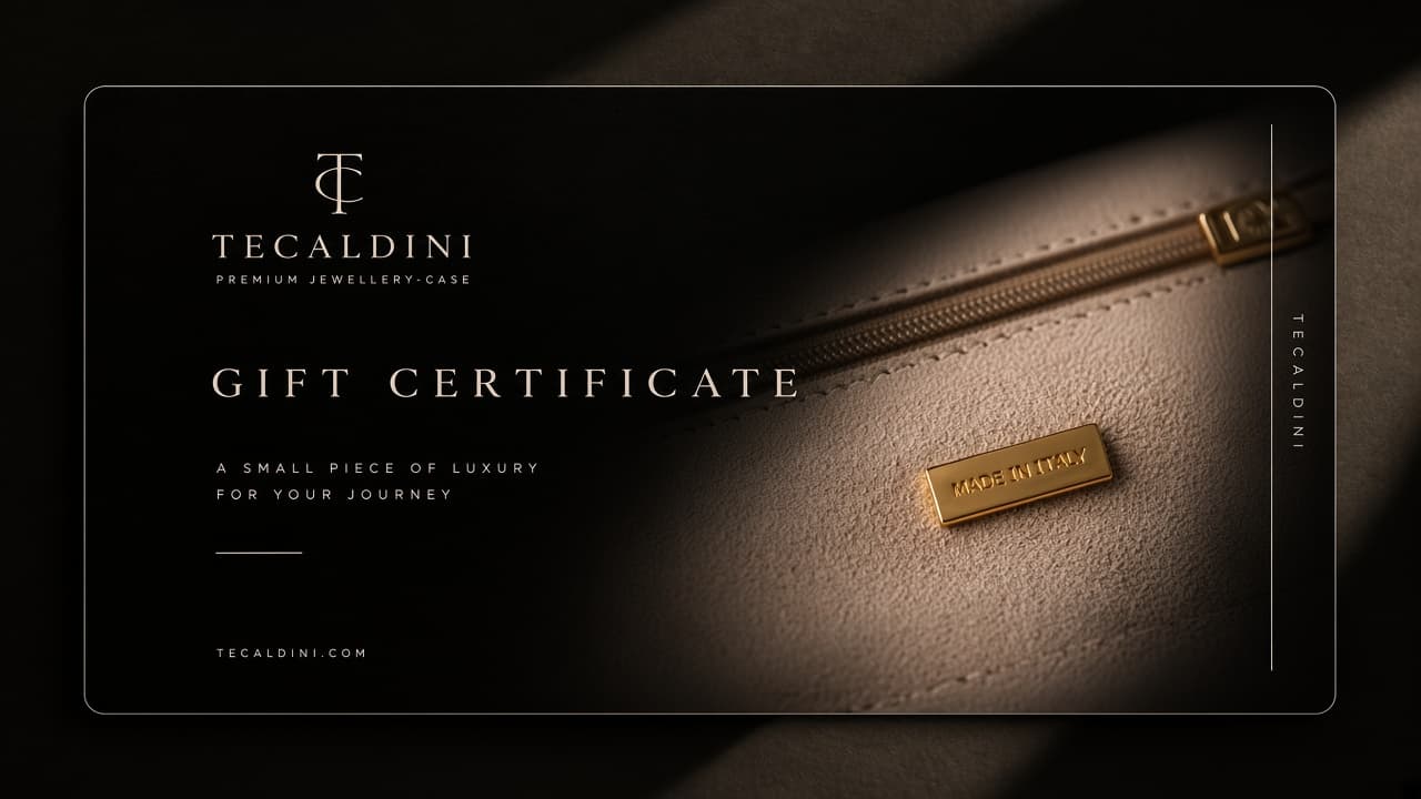 Tecaldini gift certificate with a Made in Italy leather detail.